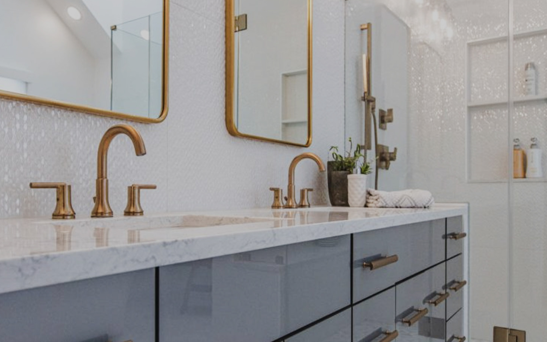grey glossy slab door vanity cabinets gold hardware fixtures master bathroom virginia vienna remodeling